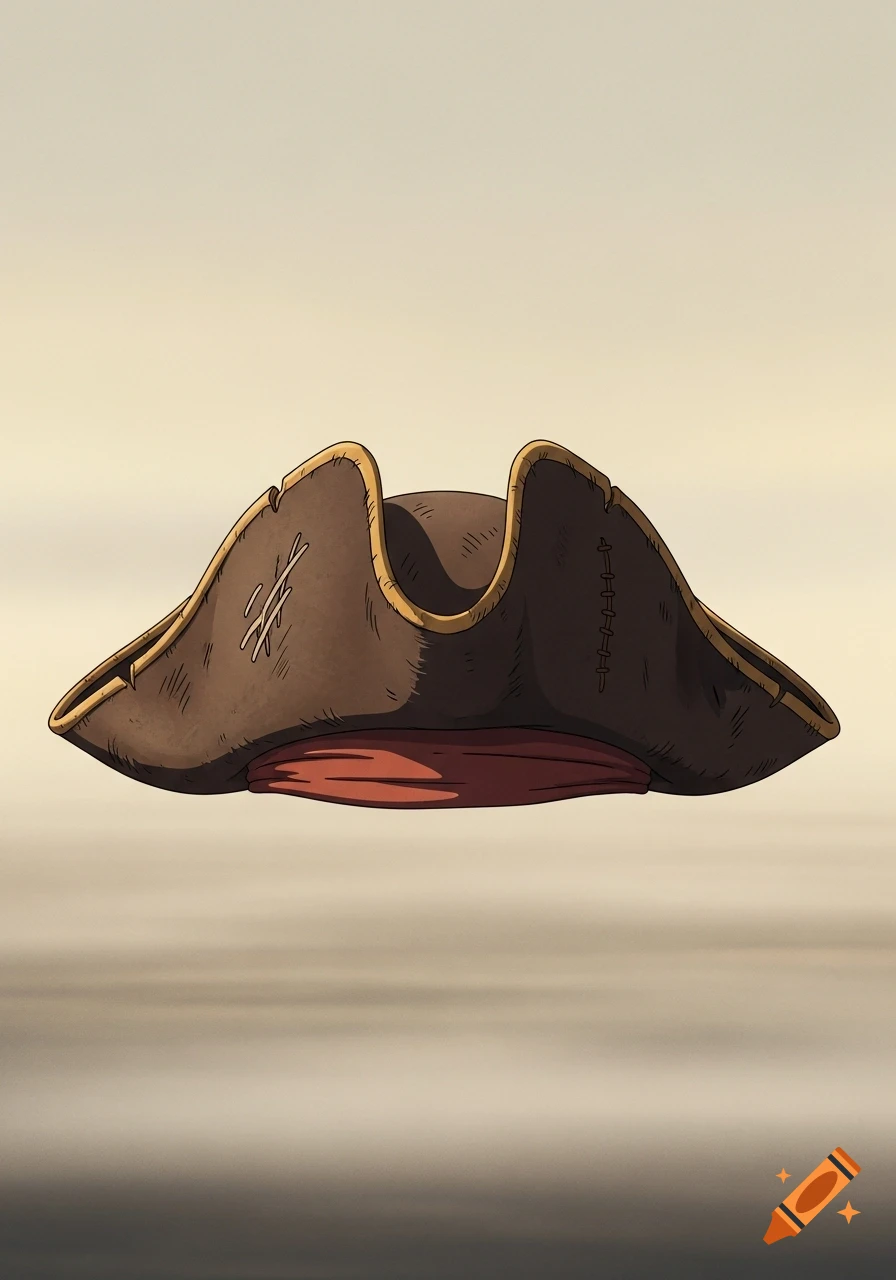 A brown tricorn pirate hat with a red band and subtle wear, rendered in a Ghibli-inspired cartoon style against a soft background.