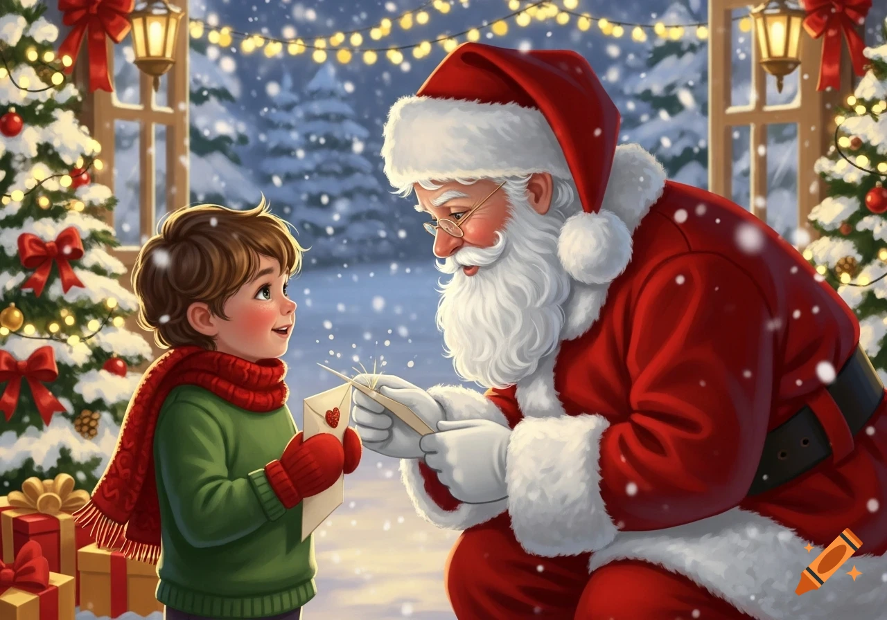 A young boy in a green sweater and red scarf joyfully looks at Santa Claus, who kneels holding a letter in a snowy Christmas illustration.