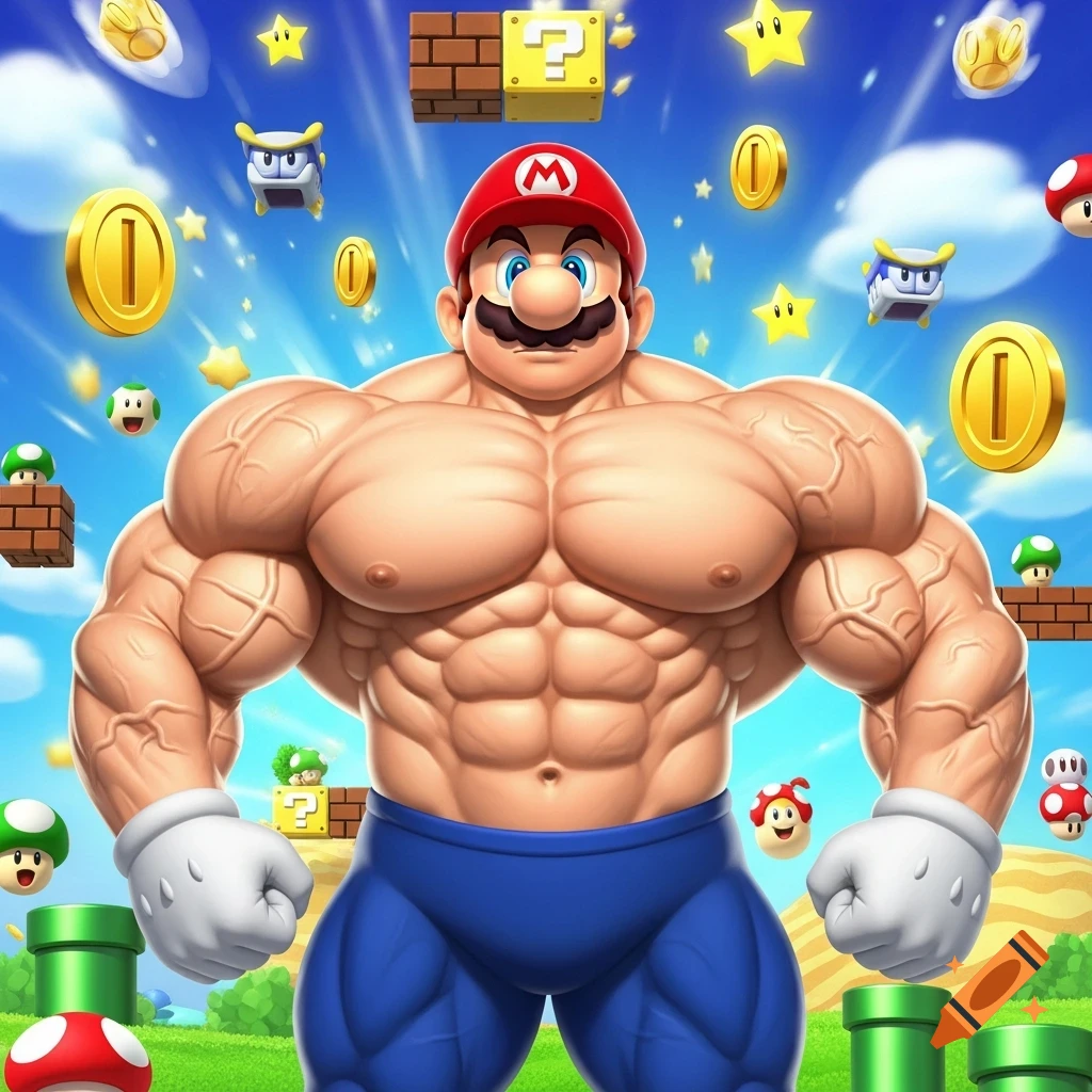 Buff Mario with a red cap and blue shorts, shirtless, flexing muscles in a vibrant Super Mario Bros. level filled with coins and blocks.