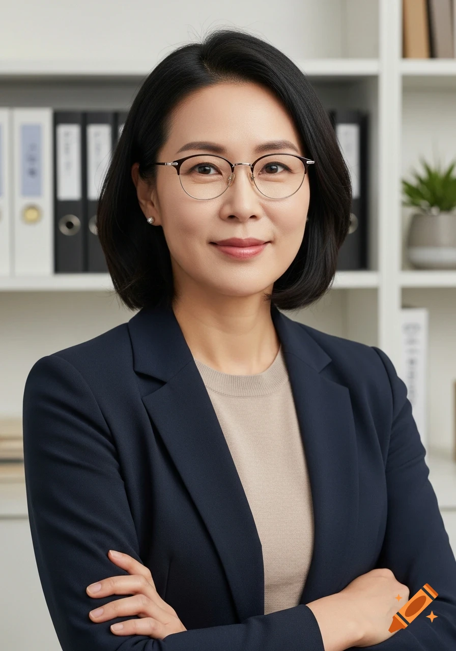Photorealistic portrait of a smiling professional Korean woman in a dark blazer and glasses, arms crossed, in an office.