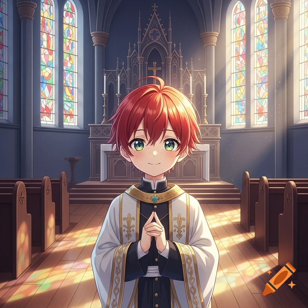 Adorable anime altar boy with red hair, green eyes, and freckles, standing in a church with stained glass windows.