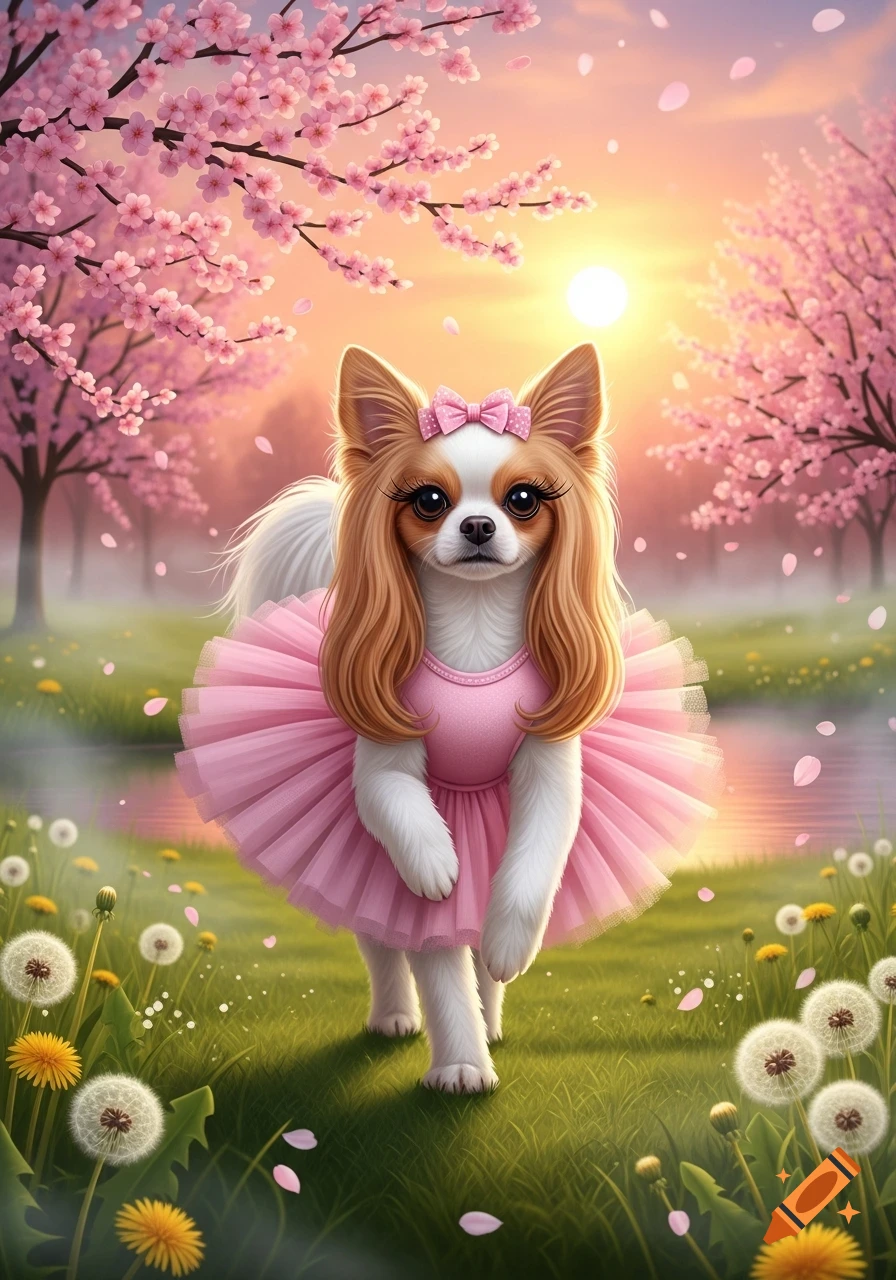 A cute dog wearing a pink tutu and bow walks through a vibrant spring field with cherry blossom trees and dandelions at sunset.
