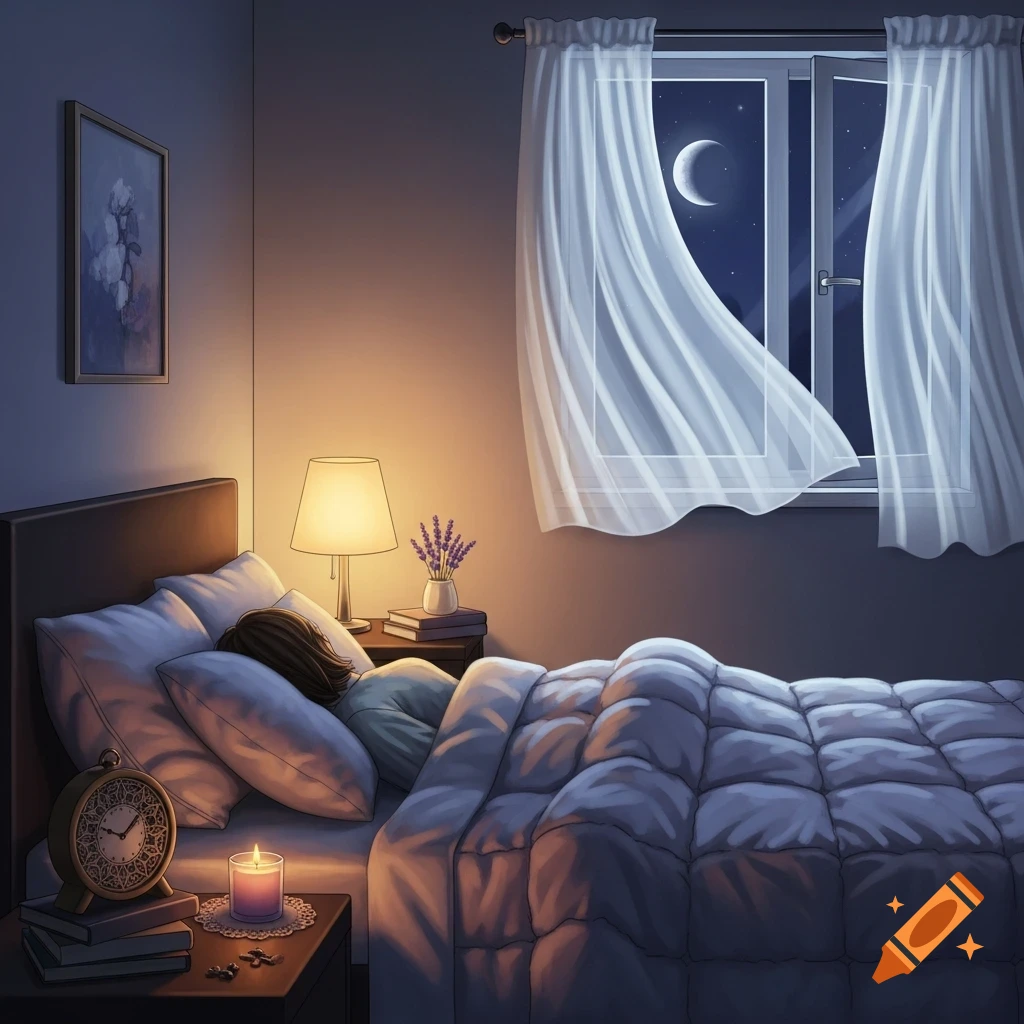 A person sleeps peacefully in a cozy bedroom at night, illuminated by a bedside lamp and moonlight streaming through an open window with flowing white curtains.