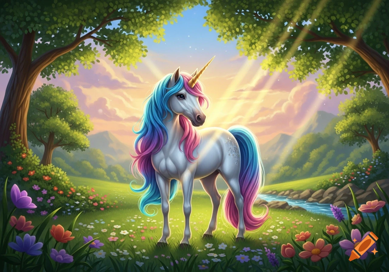 A white unicorn with a golden horn and flowing blue and pink mane and tail stands in a vibrant flower-filled meadow as sun rays stream through the trees.
