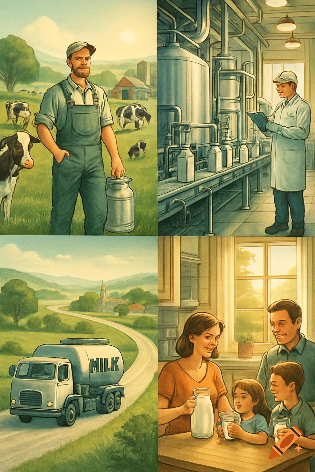An illustration showing the milk process: a farmer with cows, a milk factory, a milk truck, and a family drinking milk.