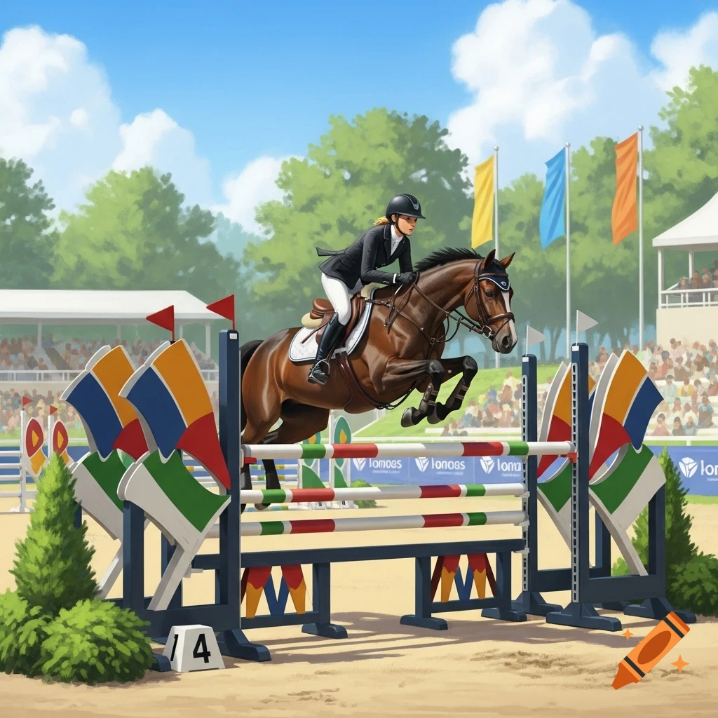 A rider on a brown horse jumps over an obstacle in a show jumping competition, with spectators and flags in the background under a blue sky.
