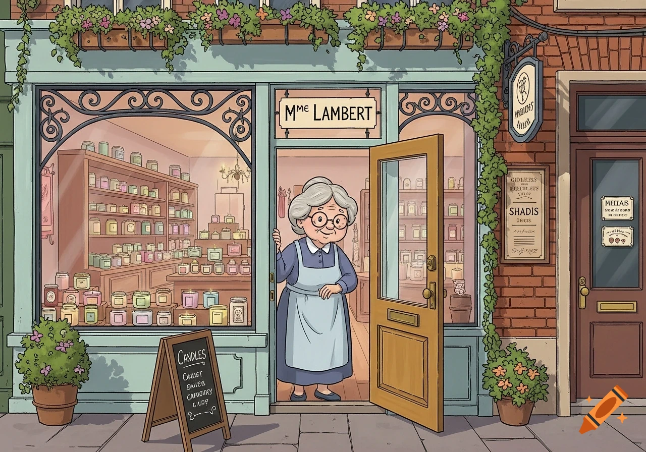 A cartoon illustration of an old woman with grey hair and glasses smiling from the open doorway of her artisanal candle shop, which has many candles displayed in the window.