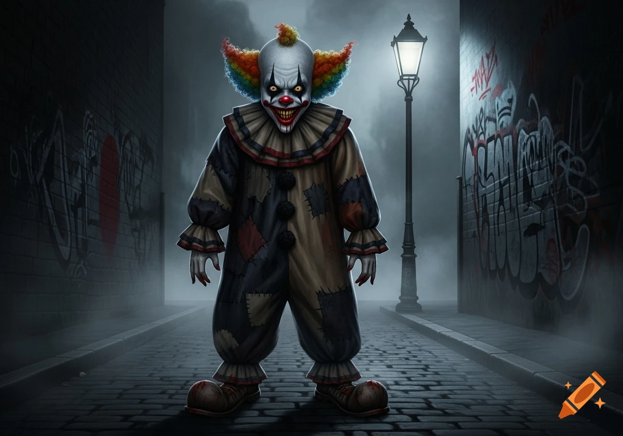 A menacing horror clown with sharp teeth and a tattered patchwork costume stands in a foggy, graffiti-covered alley at night.