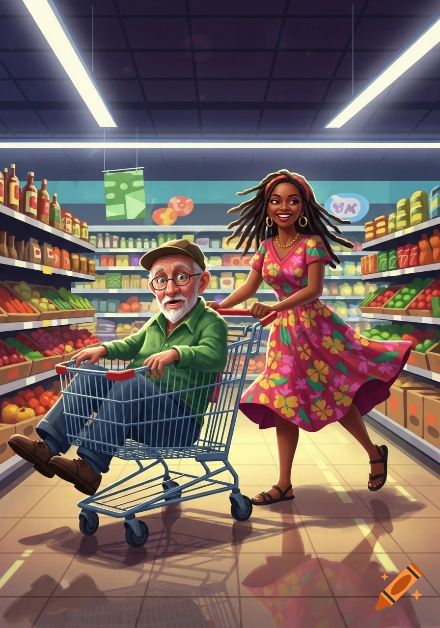 An illustration shows a smiling Jamaican woman pushing an elderly man in a shopping cart through a bright supermarket aisle.