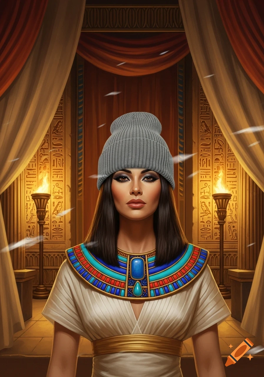 A stylized portrait of Cleopatra wearing a grey beanie, in an ornate ancient Egyptian setting with torches and hieroglyphs.