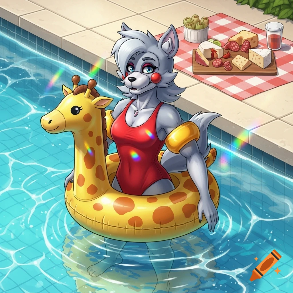 Cartoon Roxanne Wolf in a red swimsuit and yellow giraffe inner tube in a swimming pool, with a picnic on the side.
