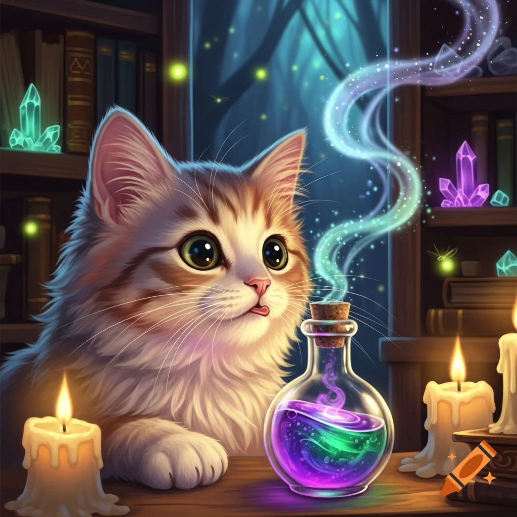 A cute fluffy cat with wide eyes watches a smoking potion bottle, surrounded by glowing crystals and lit candles in a magical, dark room.