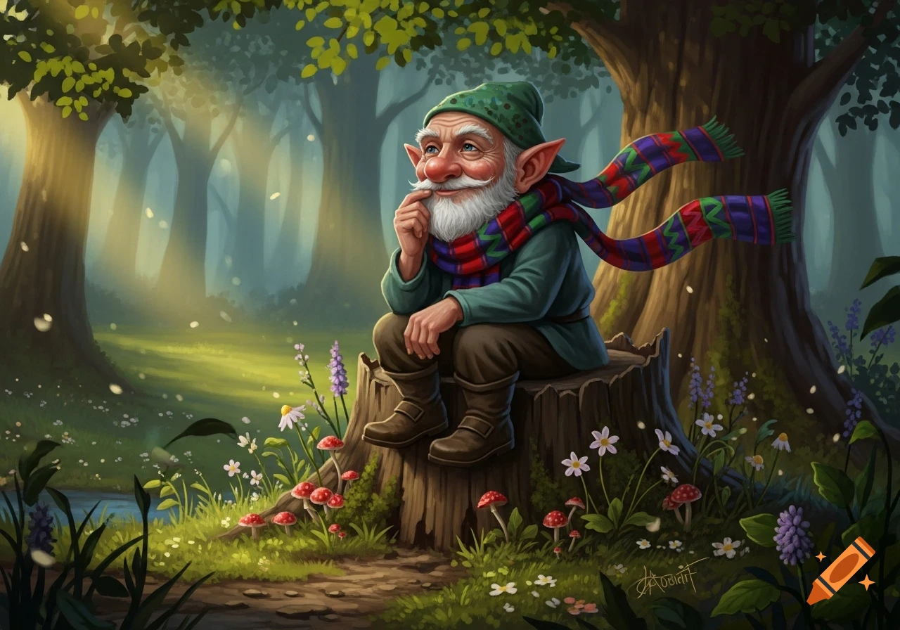 An elderly gnome with a white beard and colorful scarf sits on a tree stump in a sunlit forest. Illustrated art.