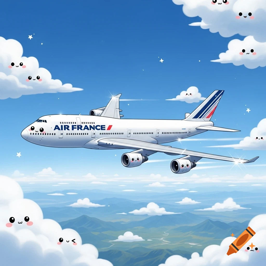 A kawaii-style cartoon Air France Boeing 747 airplane with cute faces, flying in a blue sky with smiling clouds and mountains below.