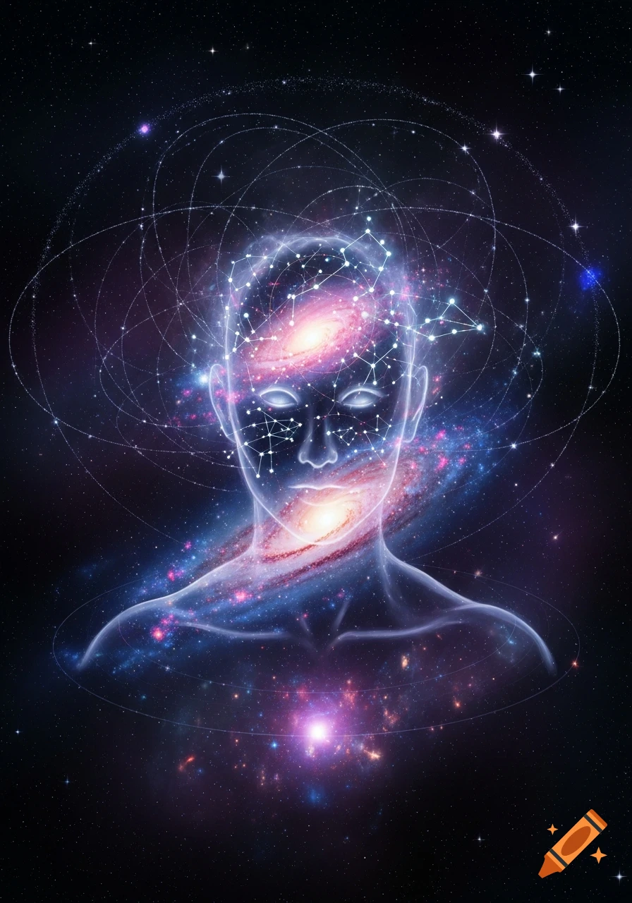 Abstract depiction of a human silhouette filled with a swirling galaxy ...