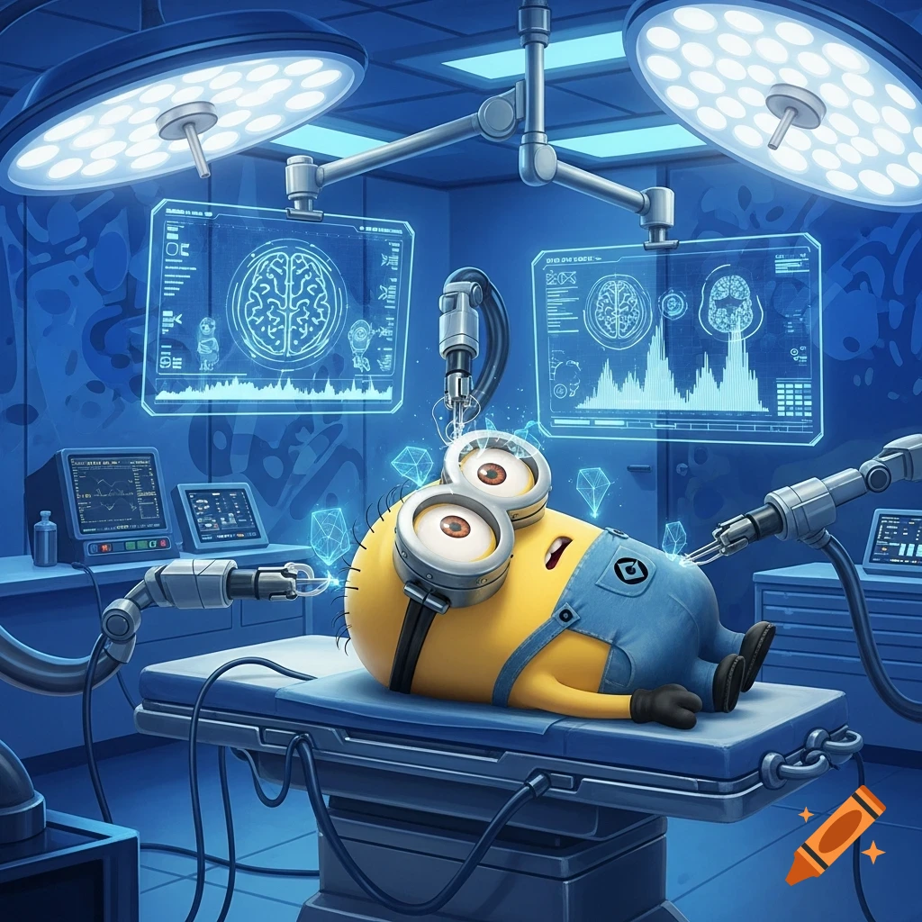 A Minion on an operating table in a blue-lit futuristic operating room, surrounded by robotic arms and holographic brain scan screens.