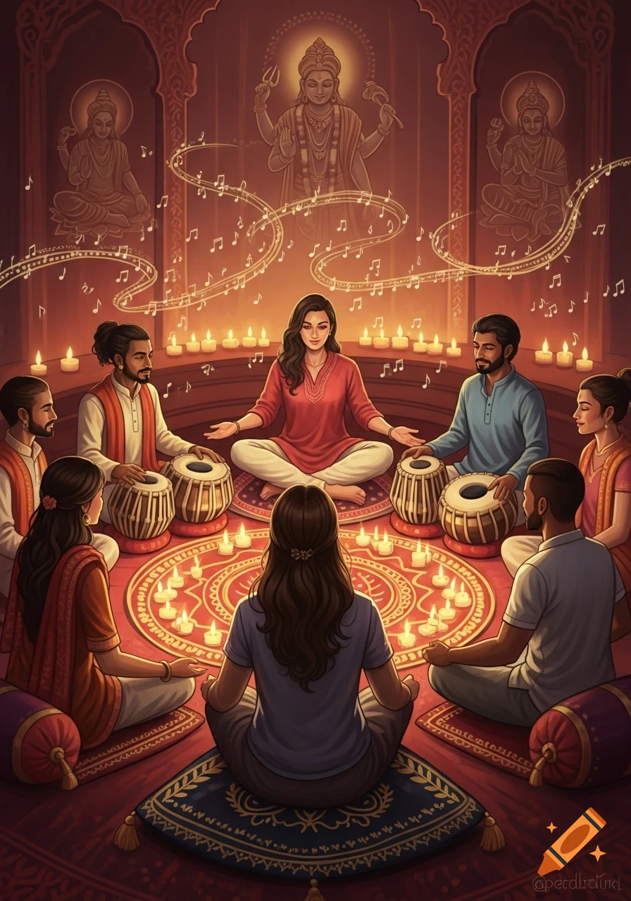 A diverse group meditating in a candlelit circle with musical notes and Indian deity depictions above.