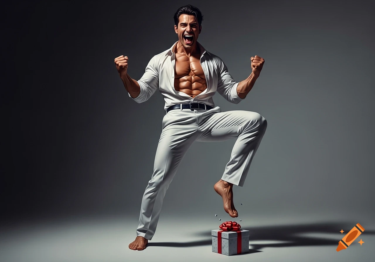 Muscular man in an open white shirt and pants, barefoot, enthusiastically jumps over a gift box, fists raised, photorealistic style.