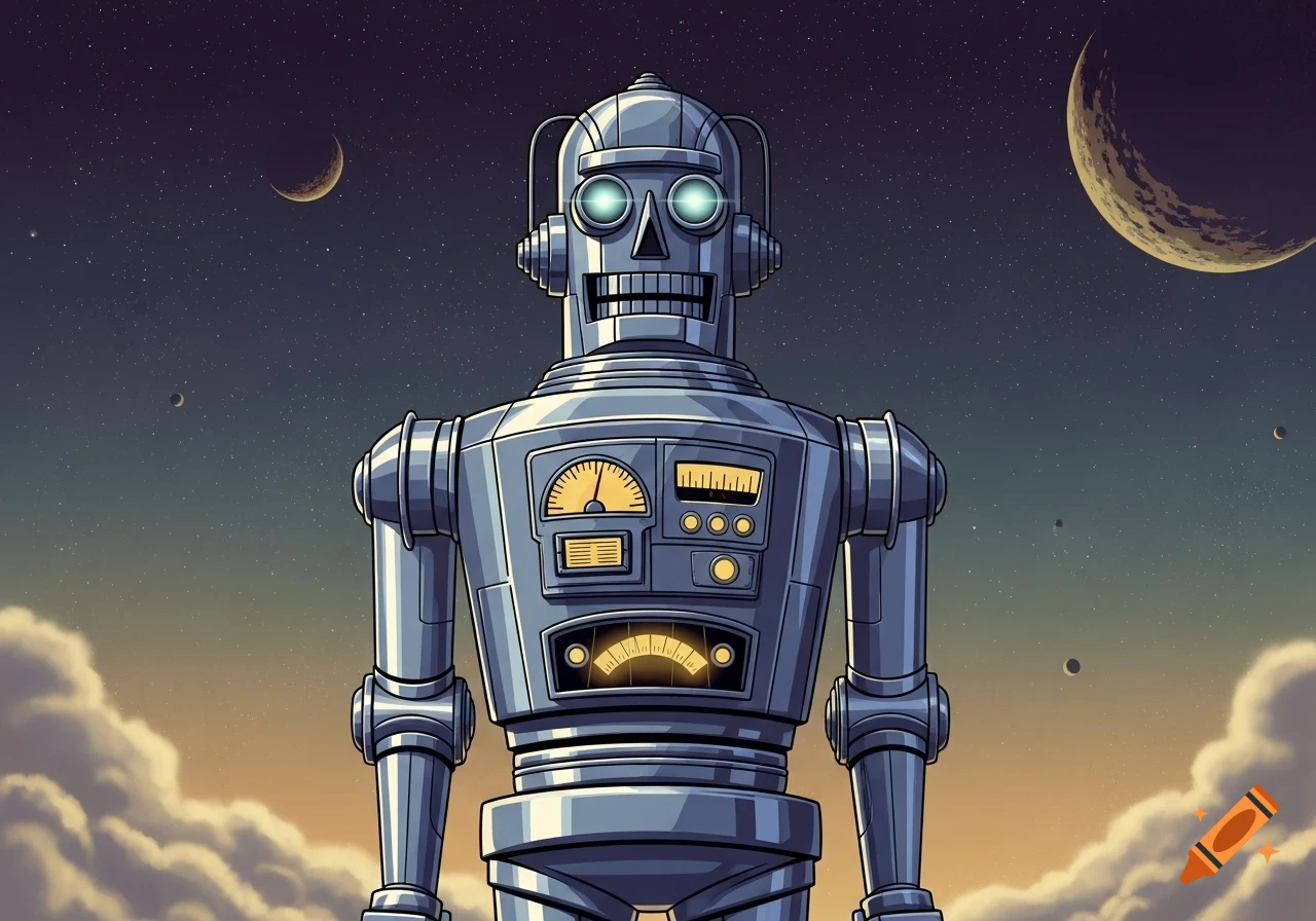 A retro-futuristic robot with glowing eyes and control panels on its chest stands against a starry night sky with moons and clouds, in a stylized art style.