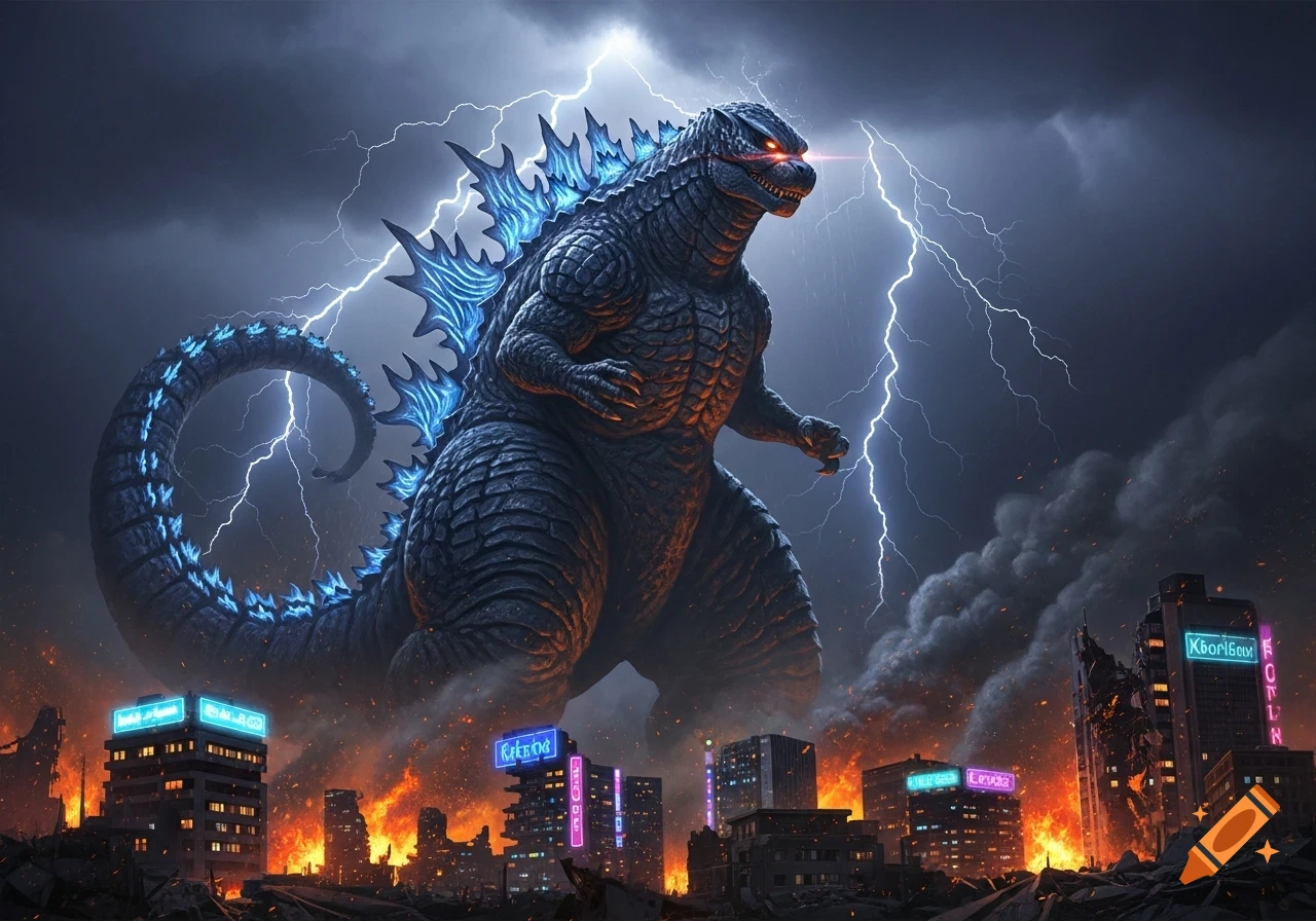 A monstrous Godzilla with glowing blue spines and red eyes stands in a burning, destroyed city under a stormy, lightning-filled sky.