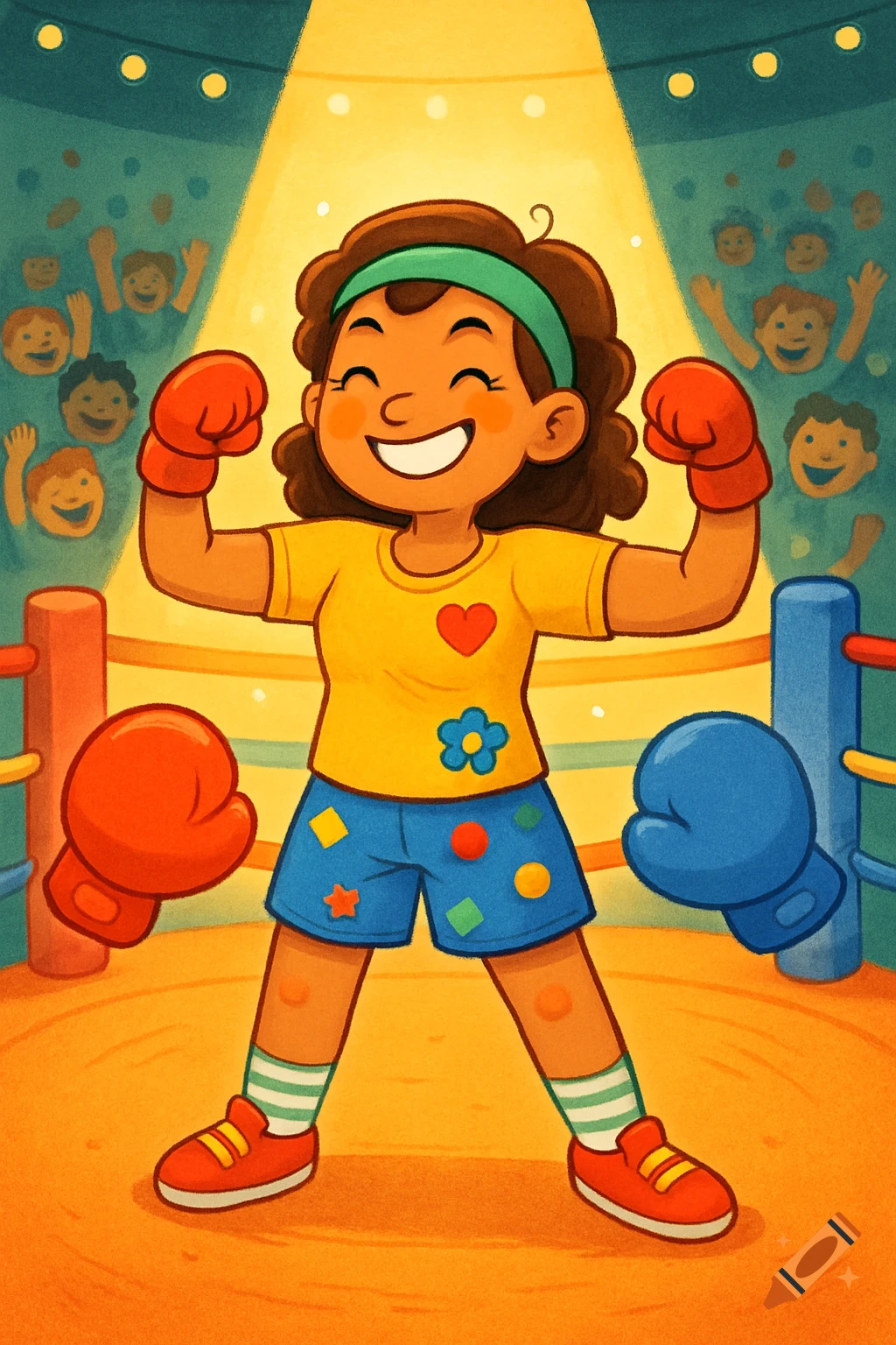 A happy cartoon girl in a boxing ring, flexing her arm with red boxing gloves, cheered on by a cartoon crowd.