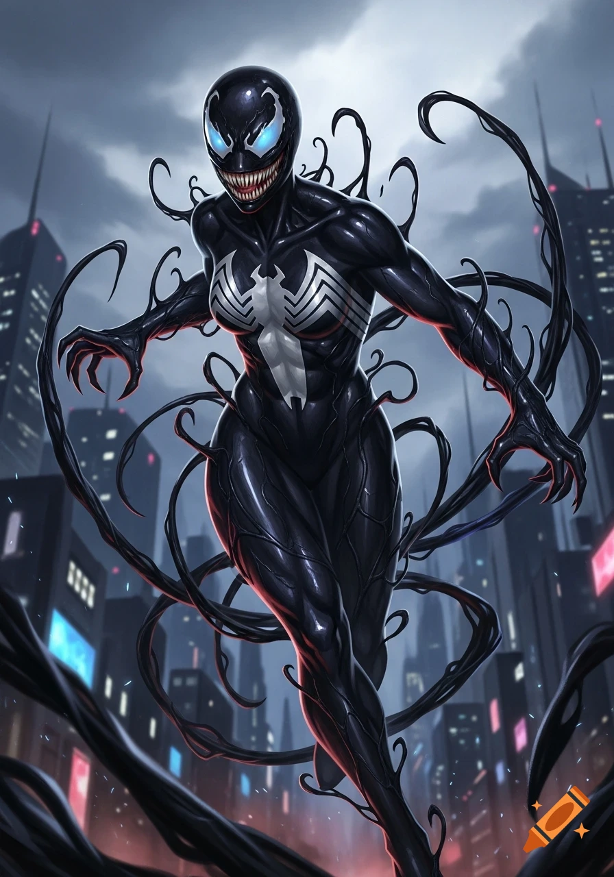 A female Venom character with blue eyes and sharp teeth in a dynamic pose, black tendrils emerging, cityscape background, comic art style.