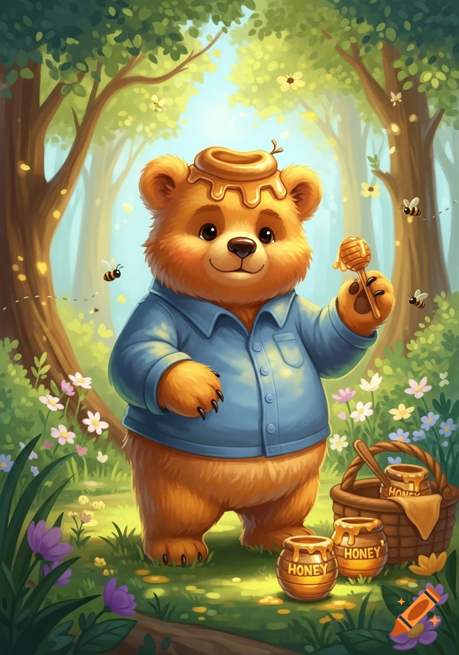 A cute cartoon bear in a blue shirt with honey on its head holds a dipper in a forest with bees and honey pots. Illustration.