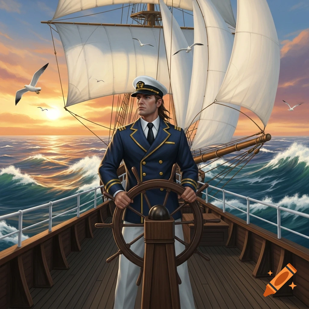 A male captain in a blue uniform steers a sailing ship on a wavy sea at sunset, with seagulls flying. Illustration style.