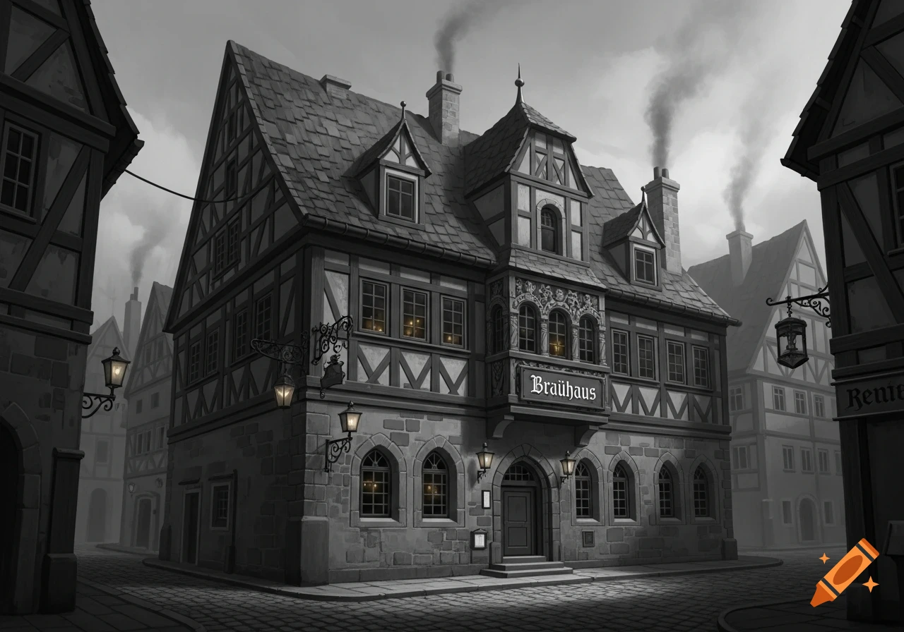 Black and white illustration of an old European street featuring a 'Brauhaus' building, cobblestone road, and smoking chimneys.