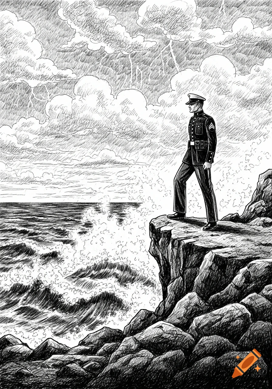 Black and white sketch of a marine officer on a stormy cliff overlooking the ocean with lightning.