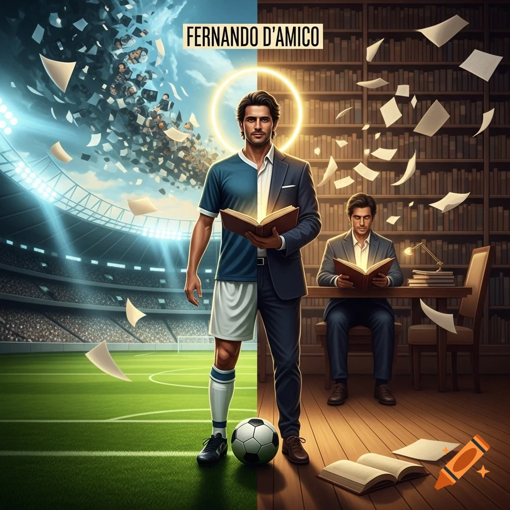 A man split into two halves: a footballer in a stadium with a soccer ball, and an academic reading in a library. Text: FERNANDO D'AMICO.