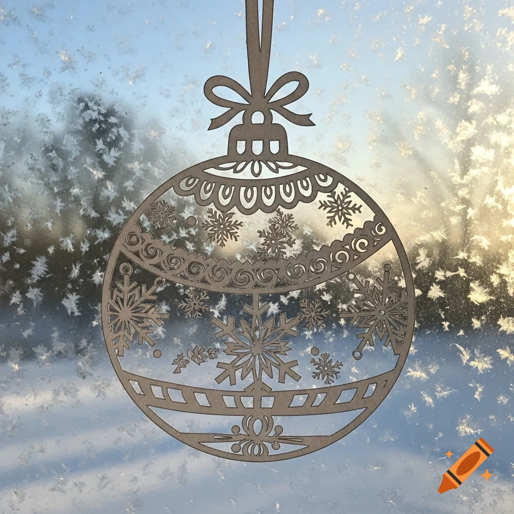 A detailed paper-cut Christmas bauble with snowflake patterns hanging against a frosty windowpane, showing a blurry winter scene outside.