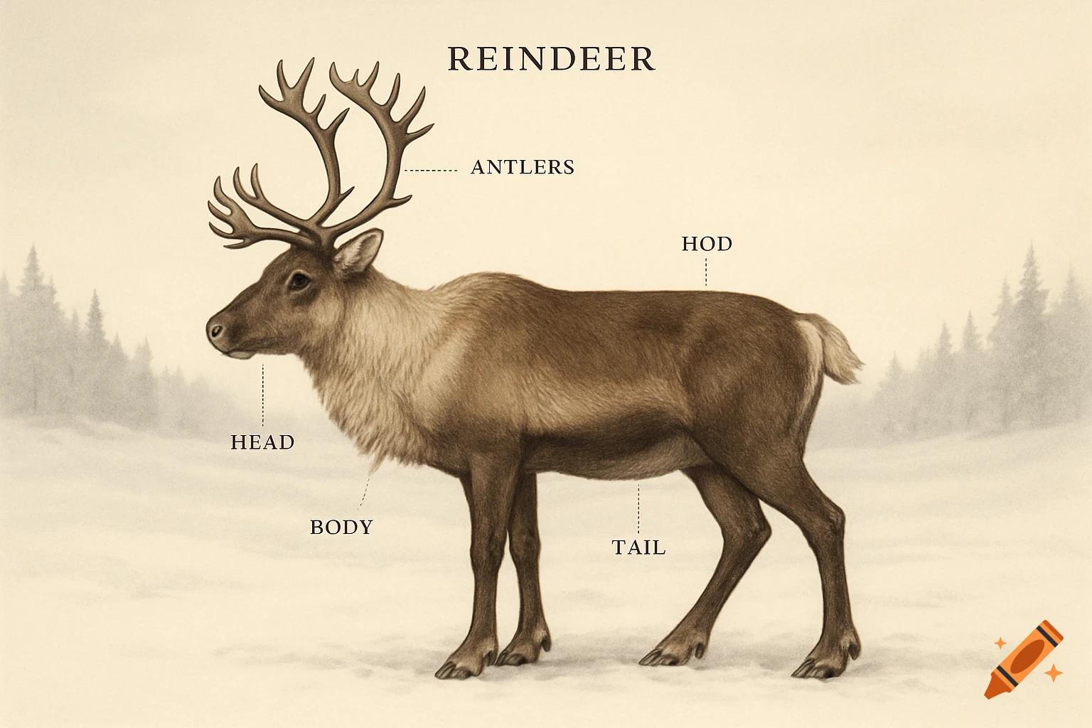 An illustrated anatomical diagram of a reindeer in a snowy forest, with labels pointing to its body parts including antlers, head, body, tail, and a label 'HOD' on its back.