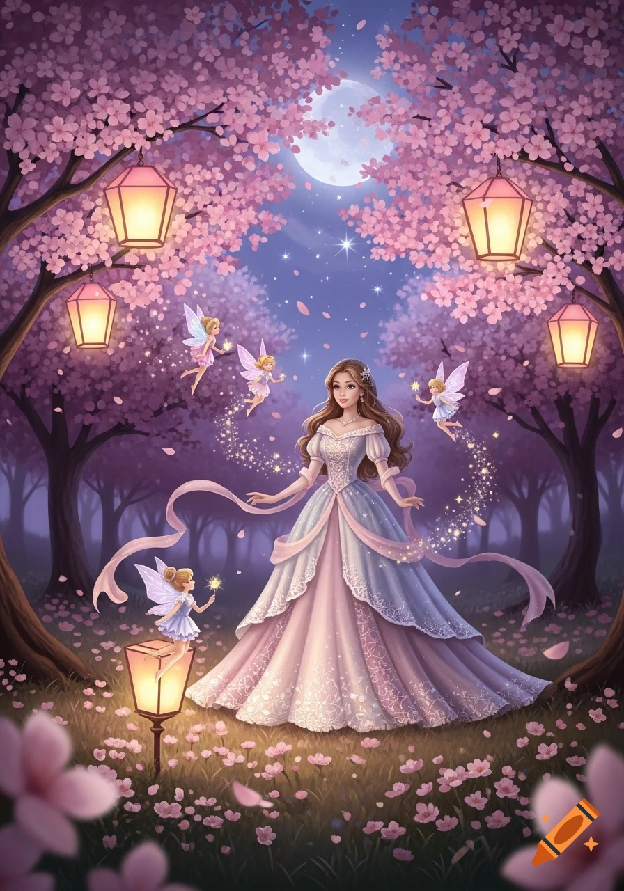 A princess in an elaborate gown stands in a magical cherry blossom forest at night, surrounded by fairies and glowing lanterns.