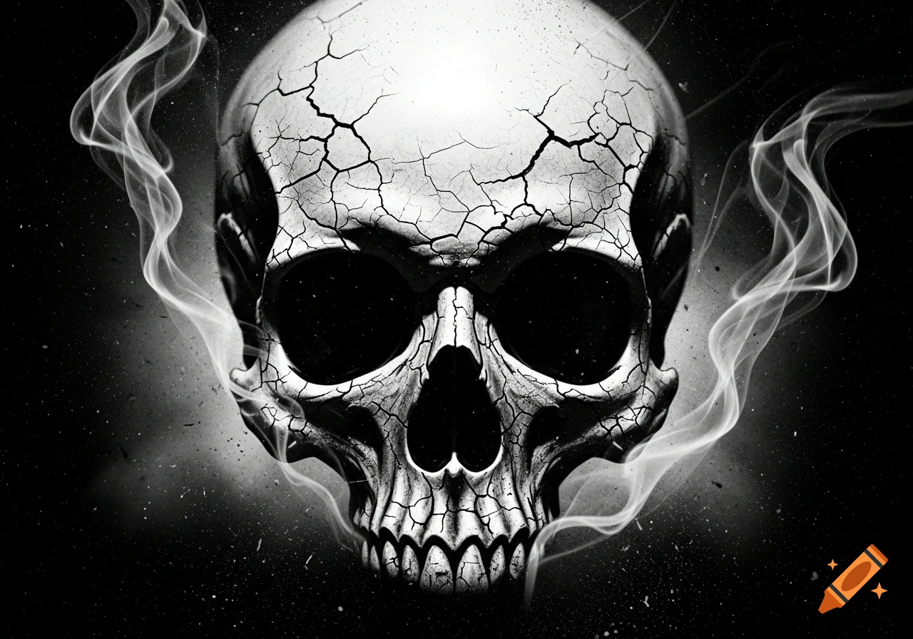 Black and white cracked skull with smoke and grainy texture on a dark background.
