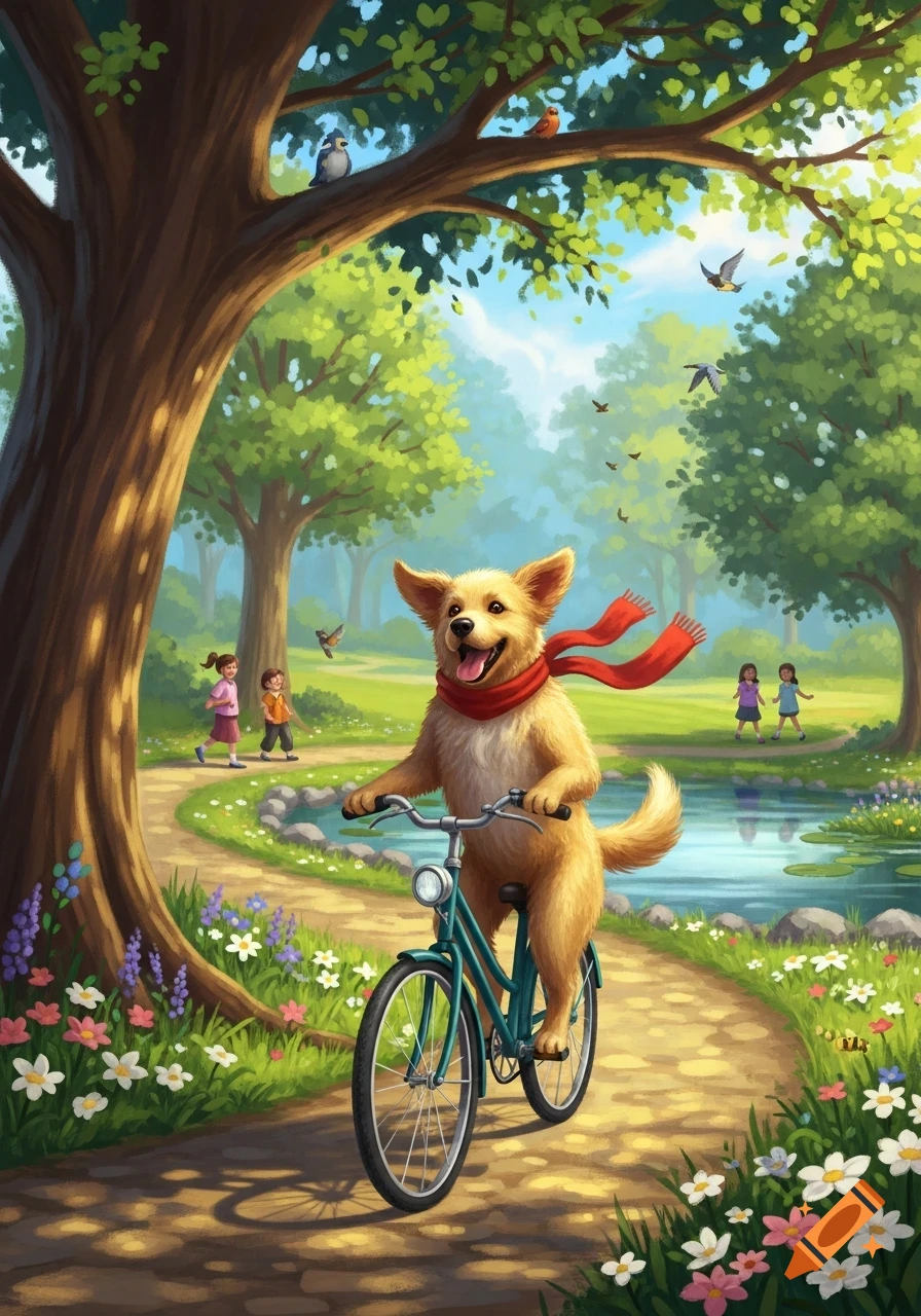 A happy golden-brown dog in a red scarf rides a blue bicycle on a winding park path, with trees, a pond, and kids in an illustration.
