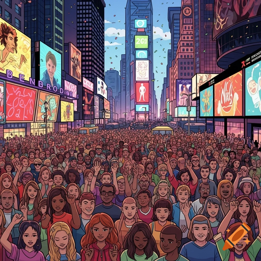A vibrant cartoon illustration of a diverse crowd celebrating in a bustling city street resembling Times Square, surrounded by tall buildings and neon billboards.