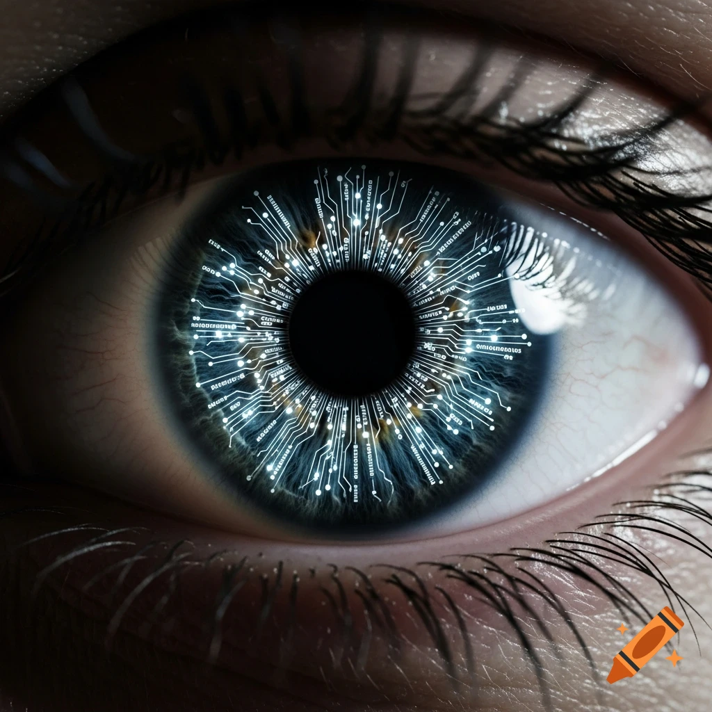 A highly detailed, photorealistic close-up of a human eye with the iris made of glowing digital circuits and data streams, with cinematic lighting.