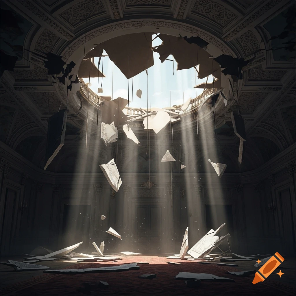 A grand, ornate room with a large, broken ceiling, from which sunlight streams onto falling debris. Photorealistic.