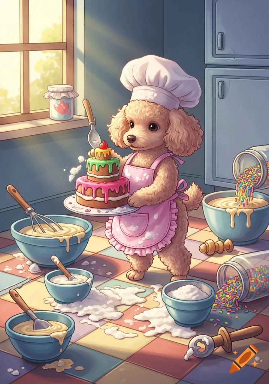 A cute cartoon toy poodle in a chef hat and pink apron decorating a cake in a messy kitchen with baking ingredients scattered.
