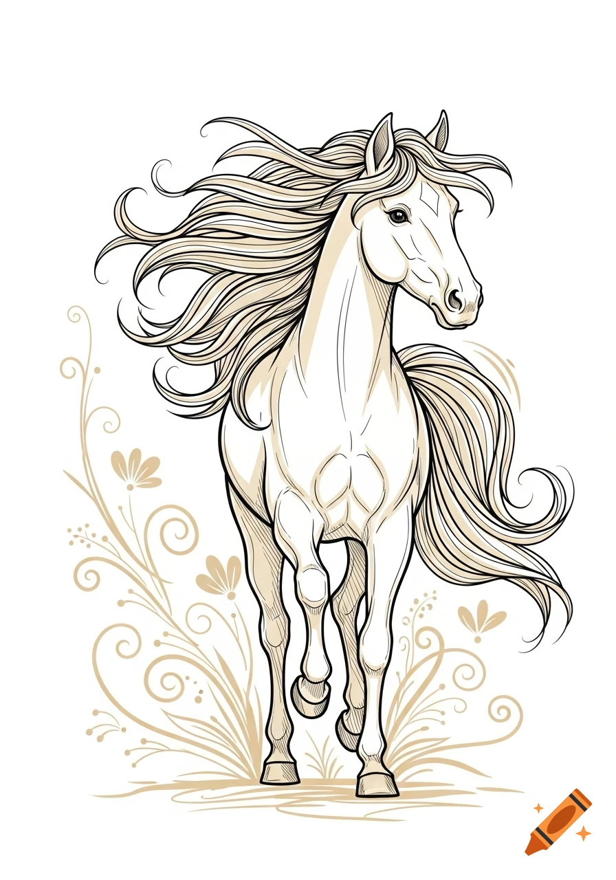 Line art illustration of a prancing cream-colored horse with flowing mane, surrounded by decorative floral elements.