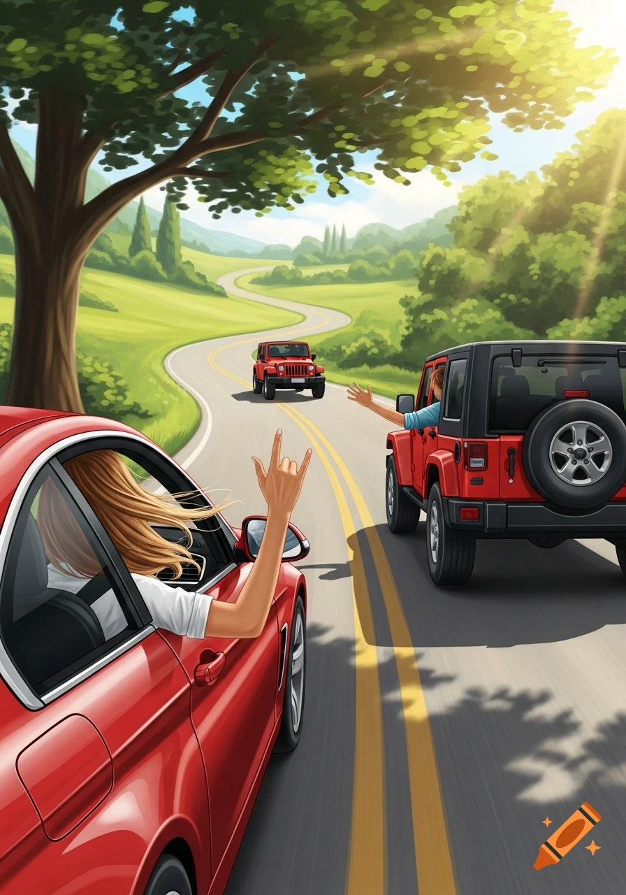 Illustration of a woman in a red BMW making a 'rock on' gesture at a red Jeep on a winding road in a sunny, green landscape.