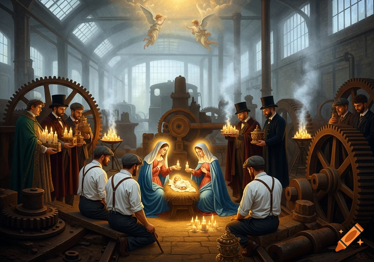 A Baroque oil painting style Nativity scene set in a hazy 19th-century industrial factory with Mary and another woman kneeling before baby Jesus, surrounded by industrial workers, top-hatted figures, and flying angels.