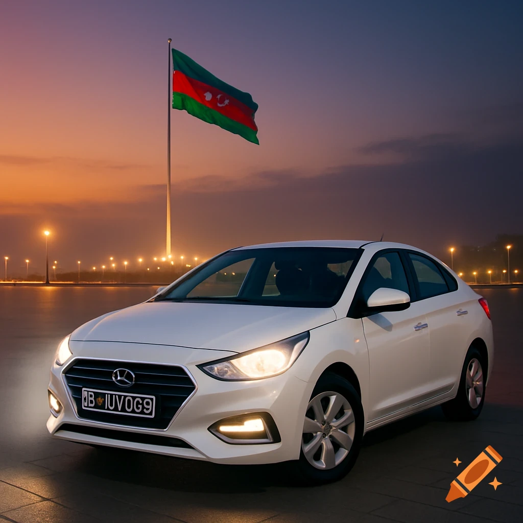 A white Hyundai Accent sedan is parked at a city flag square at sunset, with an illuminated Azerbaijan flag in the background.