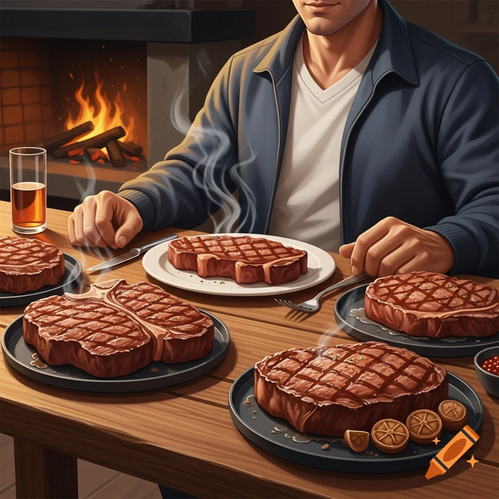 A man sits at a wooden table in front of a fireplace, surrounded by multiple smoking steaks on plates.