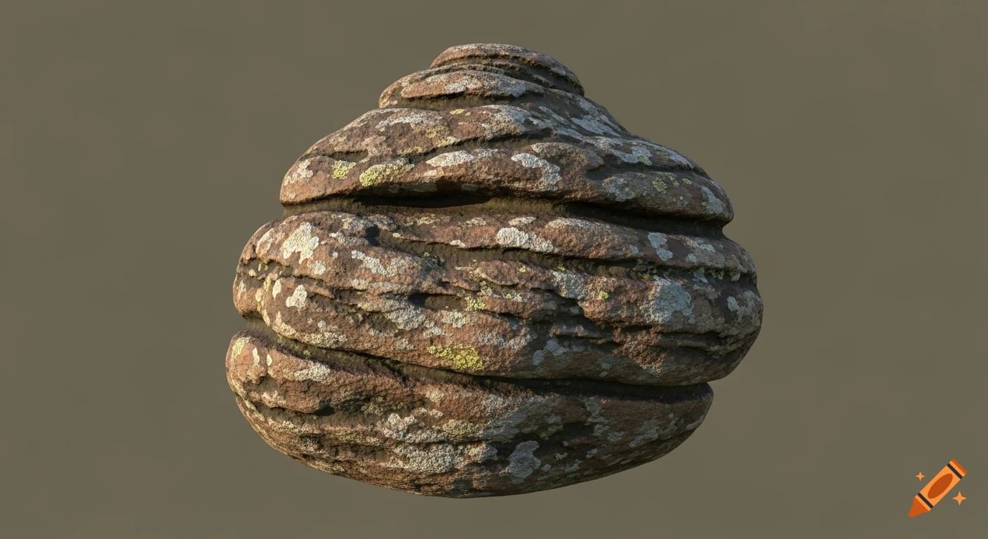 A textured rock with natural patterns and light-colored lichen on a brown background.
