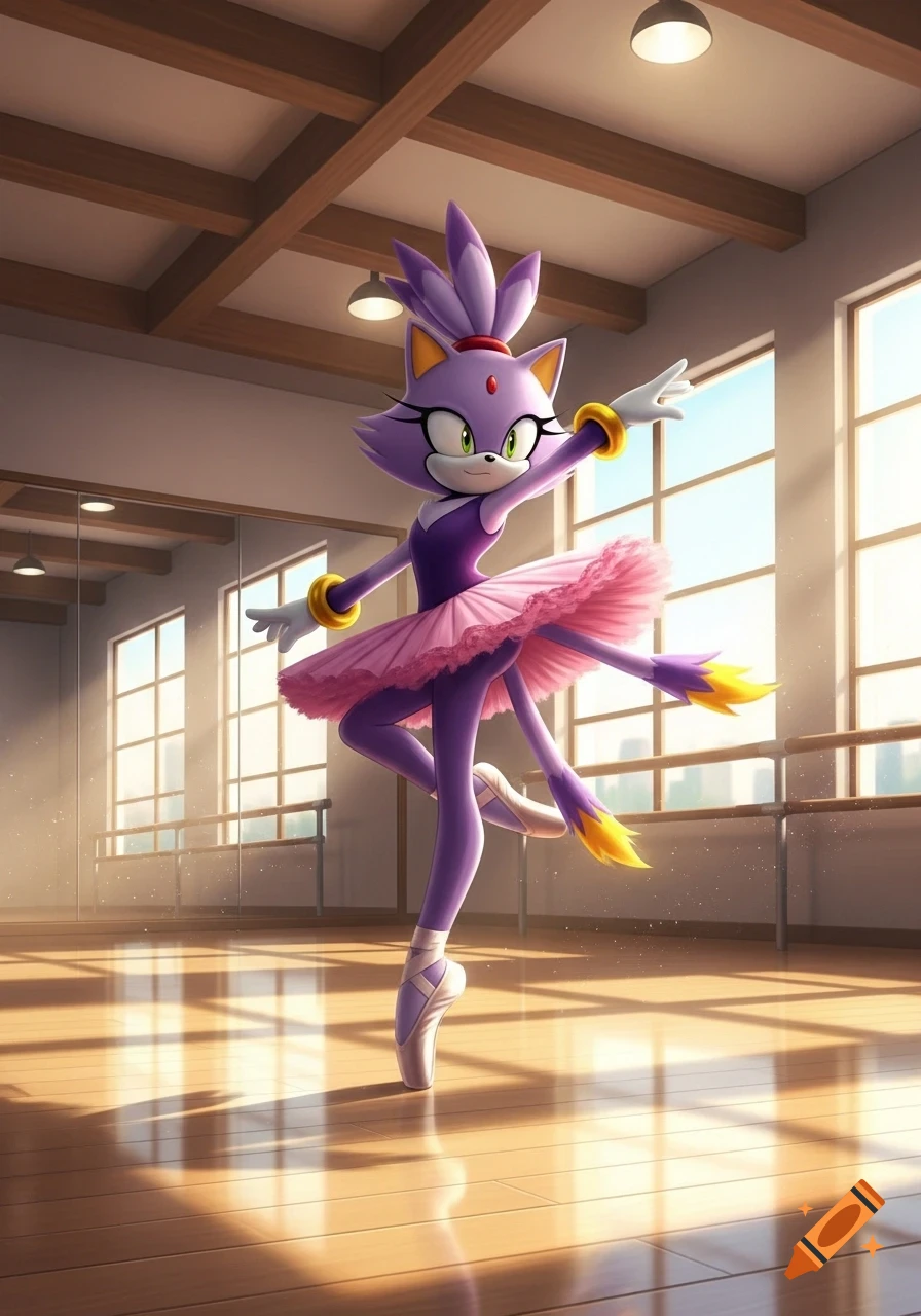 A cartoon purple cat, Blaze the Cat, in a pink tutu performs ballet in a sunny studio.