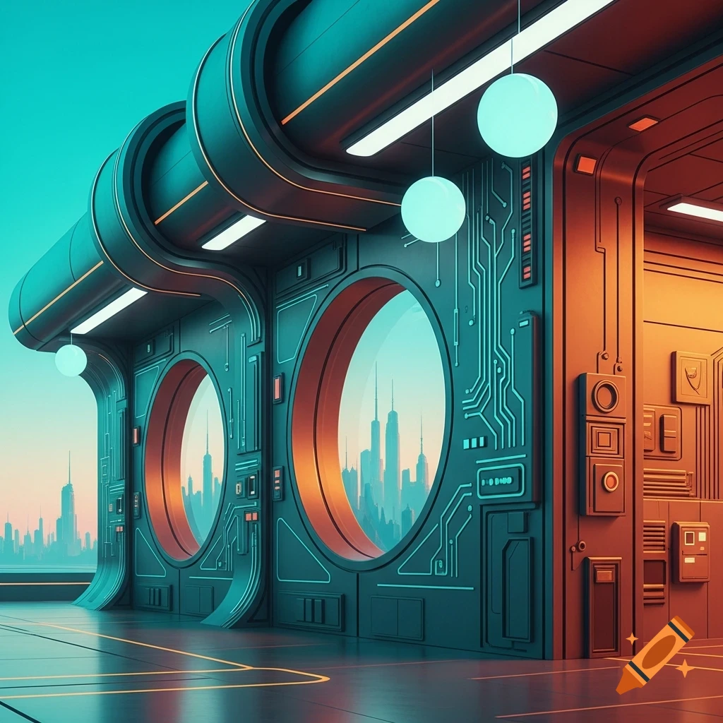 A vibrant retro-futuristic sci-fi interior with large circular windows overlooking a distant city skyline, bathed in teal and orange light.