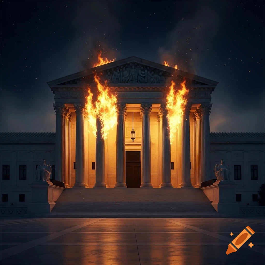 The United States Supreme Court building engulfed in flames at night, with bright fire around its columns.