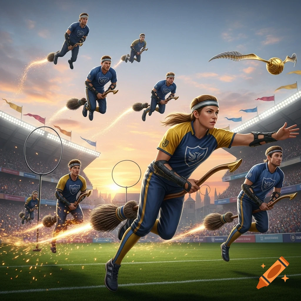 Athletes on brooms play a fantasy sport in a stadium at sunset, with a golden snitch in the sky.